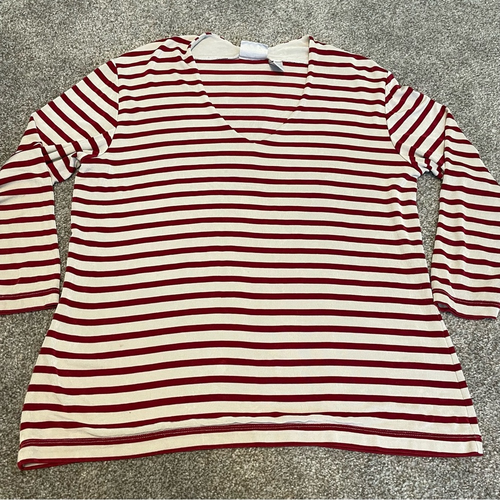Chico's Travelers Burgundy and Tan Stripe V Neck 3/4 Sleeve Top Size 3 XL